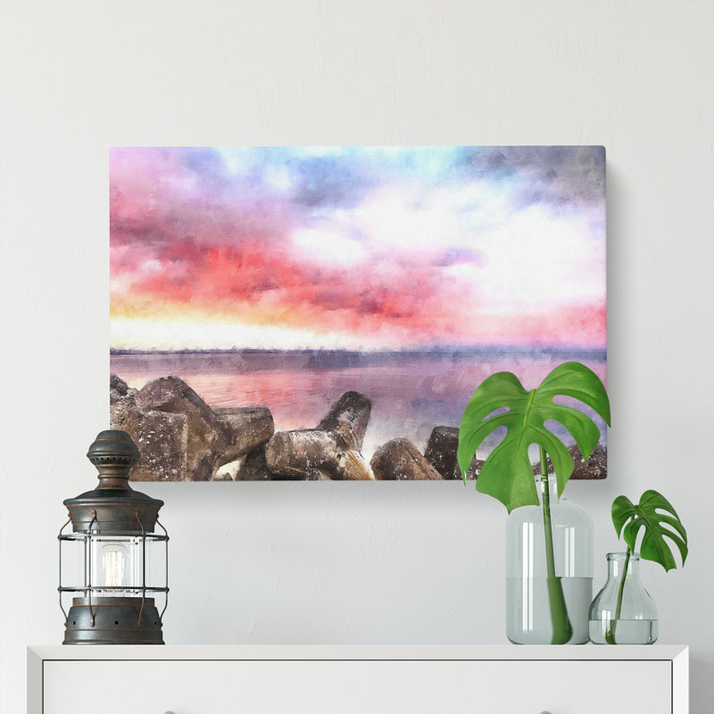 Pink Sunset Over The Ocean - Wrapped Canvas, 60cm H x 91cm W x 3cm D