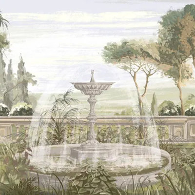Vintage Garden Terrace Fountain Landscape Wall Mural