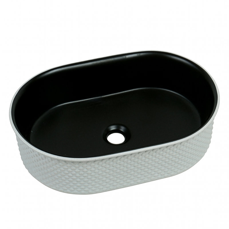 20" x 14" Textured Oval Vessel Sink – White Diamond Pattern Exterior with Black Interior
