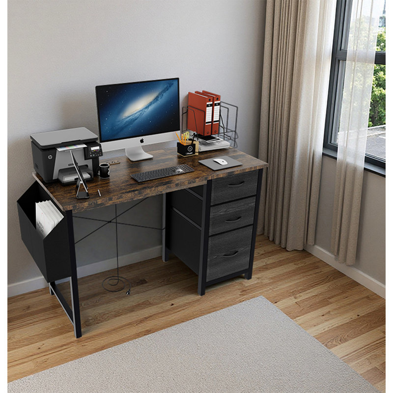 47.3"Office Desk With Power Outlet,3 Drawers,Side Pocket, Study Desk Easy To Assemble,Frame Stability Reversible For Home Desk, Company Computer Desk, Game Table,Vanity Table