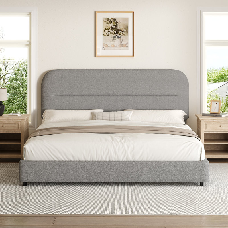 Base de lit plateforme Manfrid, collection Cloud avec revêtement Boucle et tête de lit arrondie, pied de lit épaissi, Gris