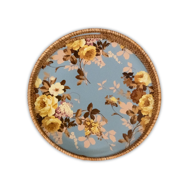 Wild Rose Enamel & Rattan Round Tray, Slate
