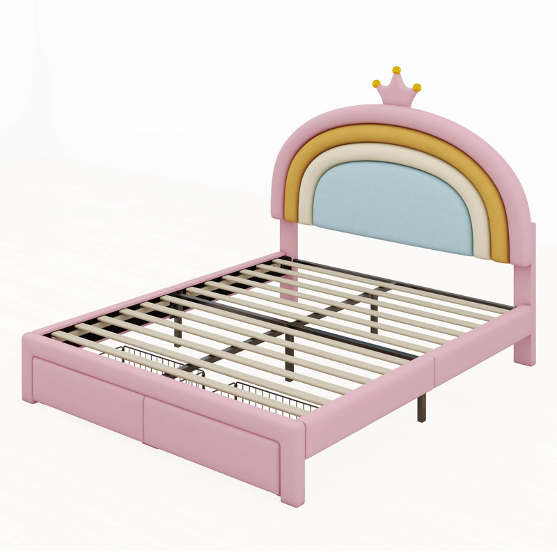 Upholstered Rainbow Design Bed With Storage Drawer, No Box-Spring Needed