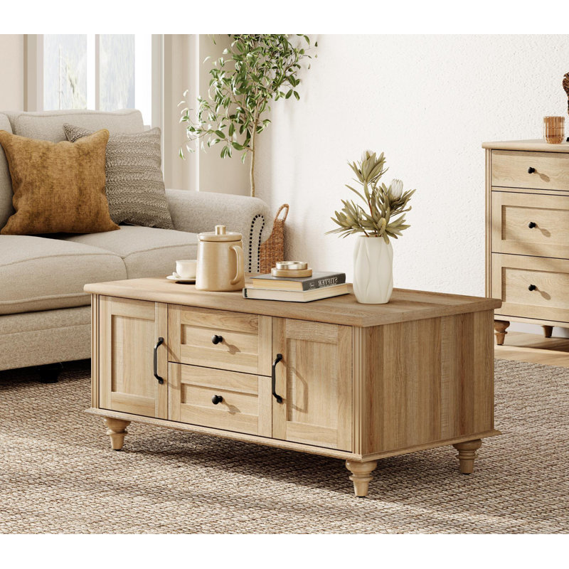 Table basse moderne avec tiroirs et portes de rangement - Table rectangulaire en bois rustique pour le salon, Chêne, Chêne