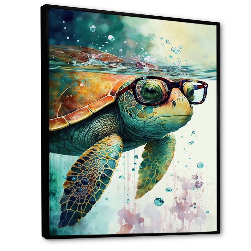 Tortue avec des lunettes dans l'océan II - tortue, art mural, H 40 po x l 30 po, Cadre flottant noir