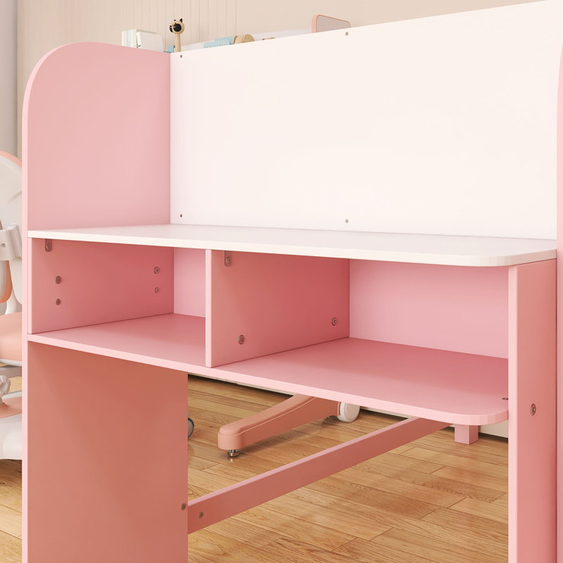 Lit superposé double à structure en bois avec bureau intégré, armoires de rangement et bibliothèque ouverte, Rose