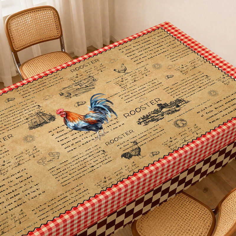 Machine-washable polyester tablecloth with rooster country design, 86.6" L x 70.8" W