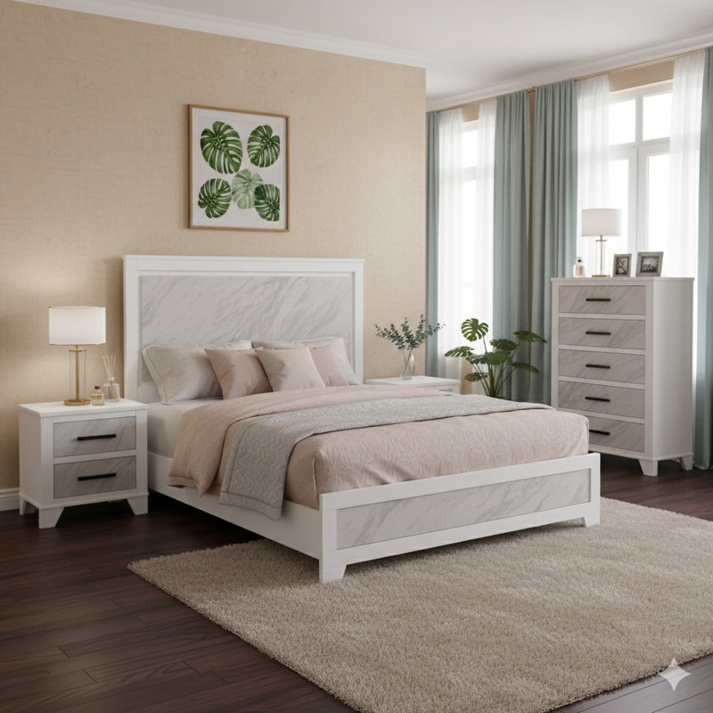 Grand lit contemporain contemporain en blanc, présentant un attrayant panneau de faux marbre sur la tête de lit, conçu pour une utilisation dans une chambre à coucher.