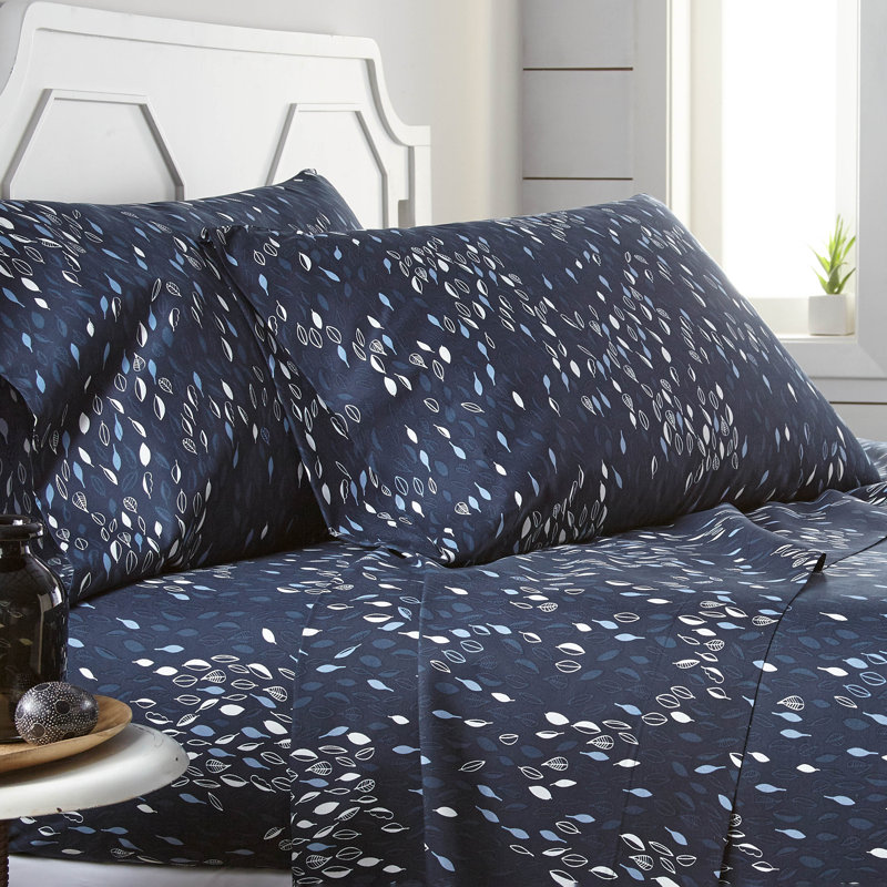 Twin XL Blue Botanical Print Microfiber Sheet Set
