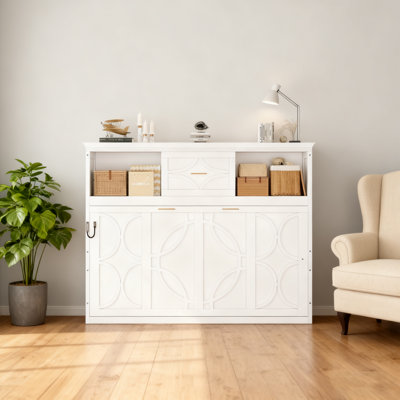 Lit escamotable blanc simple - Style décontracté rustique avec station de charge, 2 armoires et tiroir