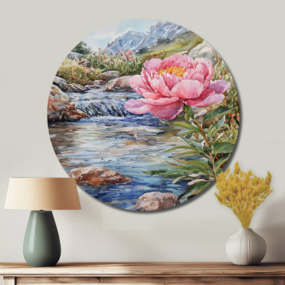 Pivoines et rivière de montagne II - pivoines, art mural rond en métal pour le salon