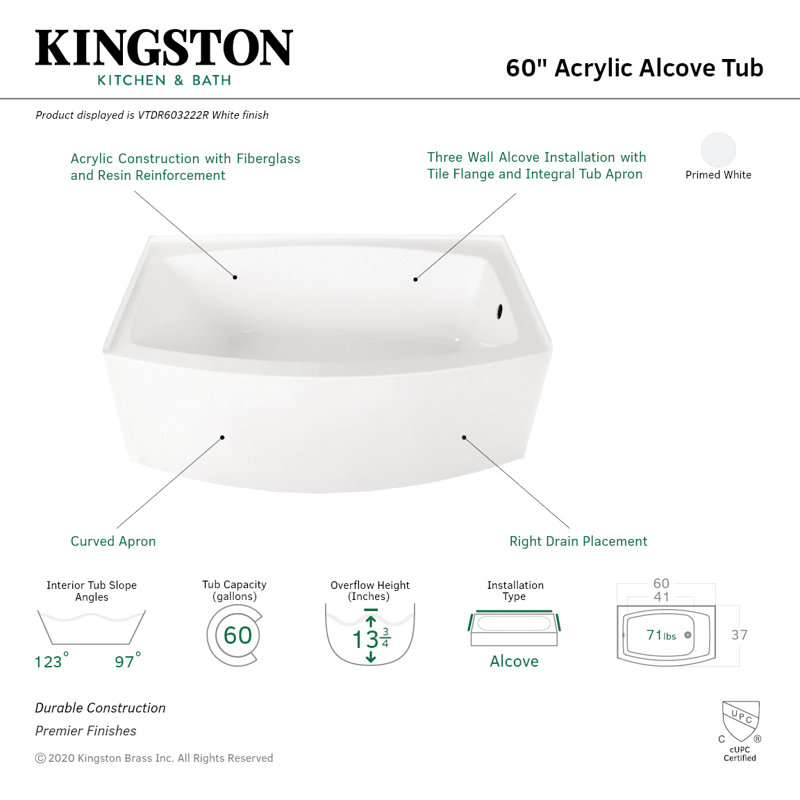 Aqua Eden 60" x 37" Alcove Soaking Bathtub, Right