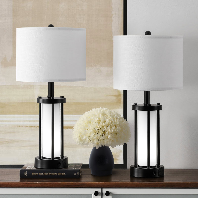 25" Black Metal Table Lamp Set with USB Type-C Ports and Built-in Outlet