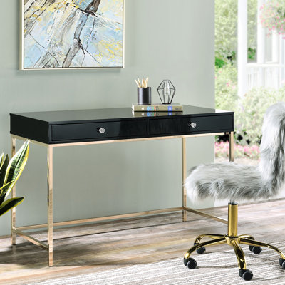 Black High Gloss Rectangular Desk For Writing, 2 Drawers With Gold Metal Leg Base, Fully Finished, 3/4 Ext. Glide Side Metal, Stop Work Writing Base A