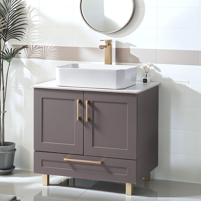 30" Modern Bathroom Vanity with Vessel Sink, Freestanding Single Vanity Set with Double Doors & Large Drawer, Ceramic Top, Soft Close