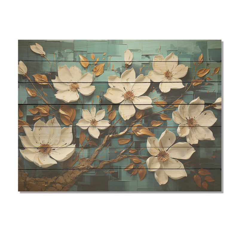 Blanc et bleu, charmante fleur de printemps élégante IV - Fleurs sur bois, H 24 po x l 32 po