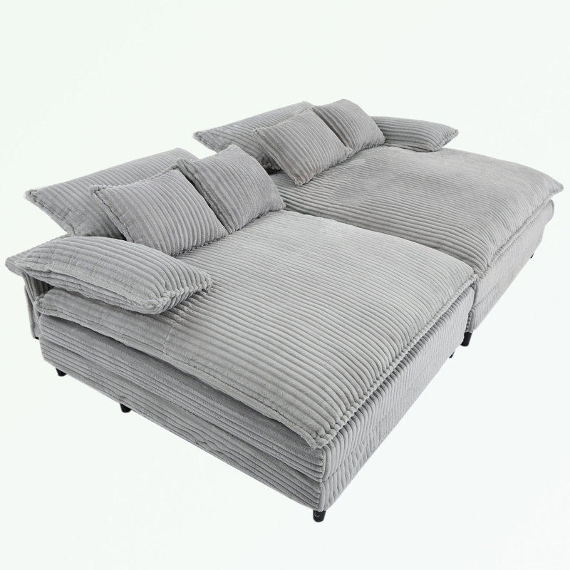 Corduroy Double Lounge Chaise with 4 pillows, Gray Corduroy