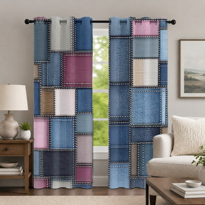 2 pièces de rideaux à motifs patchwork colorés, rideaux de style géométrique créatif, rideaux à œillets multicolores rétro et décontractés, habillage de fenêtre pour le décor de la chambre à coucher