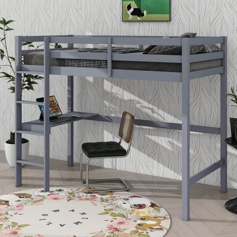 Twin Elevated Wooden Loft Bed, Comprehensively Fitted With Safety Railing, Integrated Desk, And Step Ladder, Gray