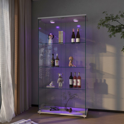 Quick - Assembly Glass Display Cabinet With Led Lights And 12 Color Adjustable Brightness, 2 Door 4 Shelf Tempered Bookshelf, For Living Room Bedroom, Transparent + 