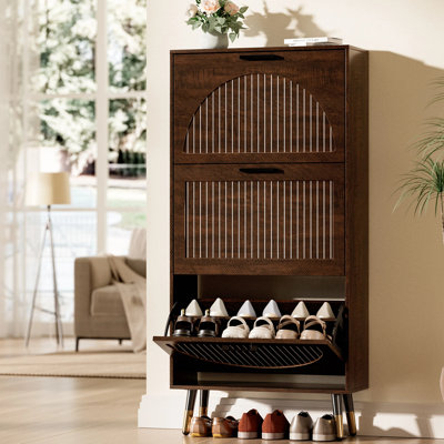 Rattan Shoe Cabinet With 3 Flip Drawers And Adjustable Shelves, Narrow Shoe Organizer, Freestanding Hidden Shoe Cabinet For Hallway