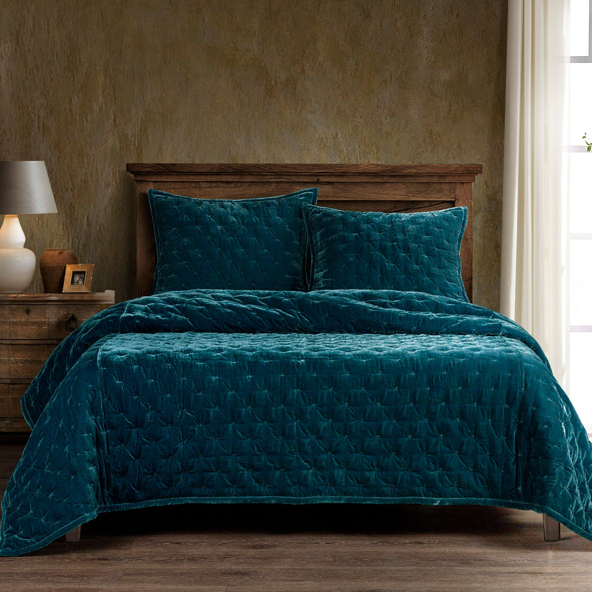 Stella Faux Silk Velvet Classic Chic Modern Rustic Romantic Western Quilt Set, Teal, King Quilt + 2 King Shams