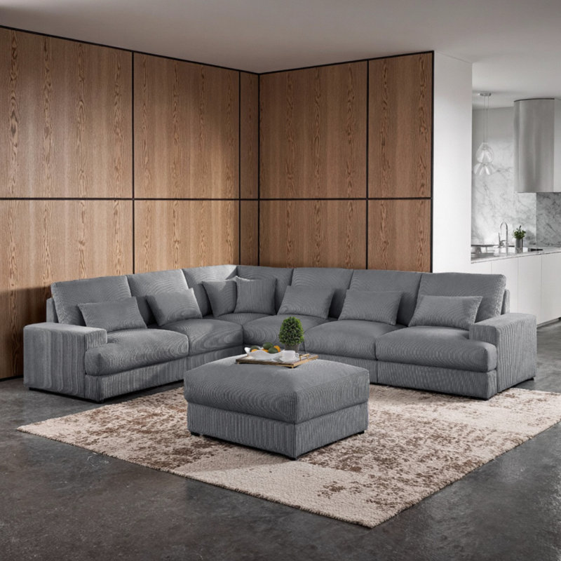 7-Pieces 132"*121" U Shape Sectional Sofa Cloud Couch With Removable Ottomans, Gray Corduroy