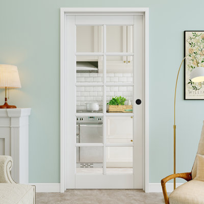 32" x 96" 10-Lite Clear Glass Interior Prehung Door with Round Knob and Silver Hinges, Clear Glass Door Slab, Paintable & Waterproof, Suit for Laundry, Closet Doors, Room Doors, Left Hand