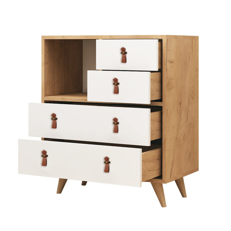 Commode décorative 4 tiroirs, Chêne / Blanc