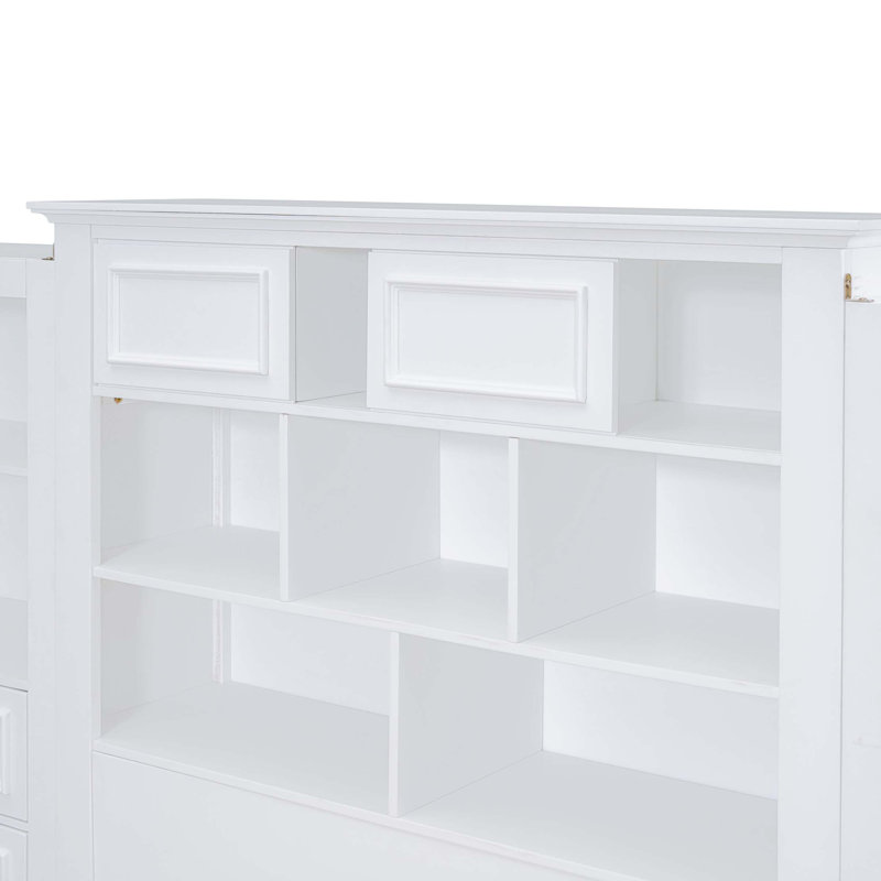 Lit plateforme en bois avec armoire verticale tout-en-un et 4 tiroirs de chaque côté