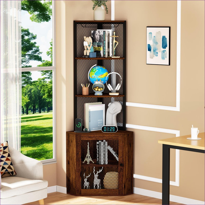 Cabinets | 65" Freestanding 6-Tier Corner Storage Cabinet | with Charging Station &amp; Wine Glass Rack | Modern | Walnut Brown | Living Room