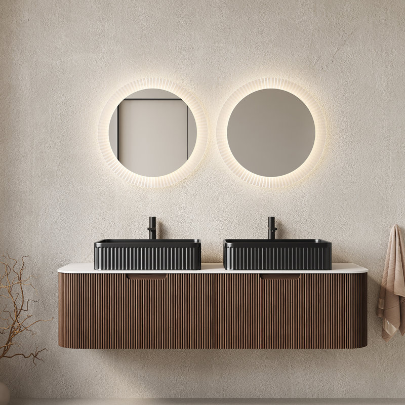 Meuble-lavabo 60 po avec lavabos, meuble de rangement mural à bords arrondis avec 2 tiroirs, 2 lavabos rectangulaires en céramique noirs, sans robinet