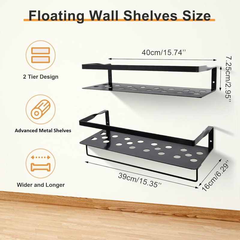 Floating Shelves Iron Wall Mounted Shelf with Towel Bar, Iron Shelves Set of 2, Black