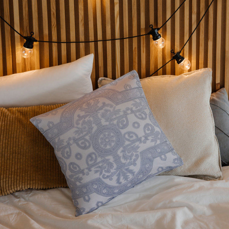 White Linen Square Pillow with Velvet Applique Embroidery