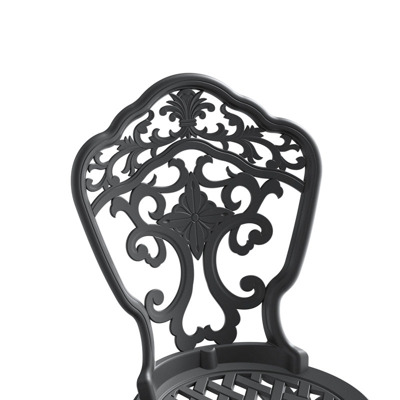 Ensemble de repas d'extérieur en aluminium moulé pour 4 personnes, noir, motifs élégants, revêtement résistant aux intempéries, assise confortable, protection anti-effraction, ergonomique