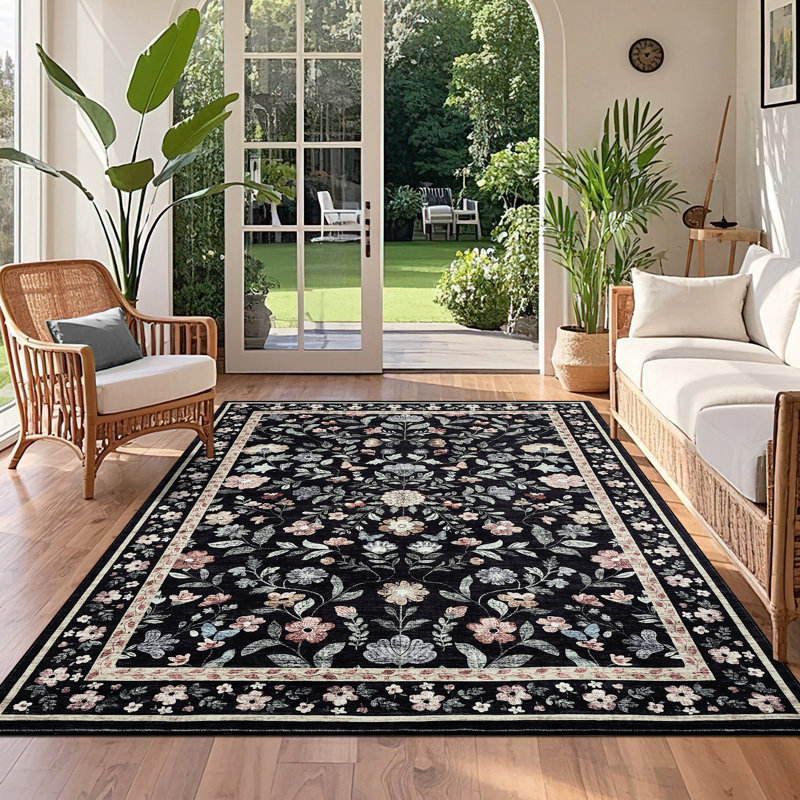 Floral Machine Washable Rug for Living Room, Non-Slip Vintage Floor Mats, Stain-Resistant Soft Faux Wool Farmhouse Indoor Carpet for Bedroom, Nursery, Dining Room