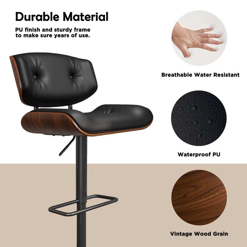 George Oliver Modern Bar Stools Set Of 2, Adjustable Swivel Counter Stools With Back, Wide And Deep Seat, Ergonomic Pu Leather And Solid Wood Barstools With Rectangular Footrest For Kitchen Island