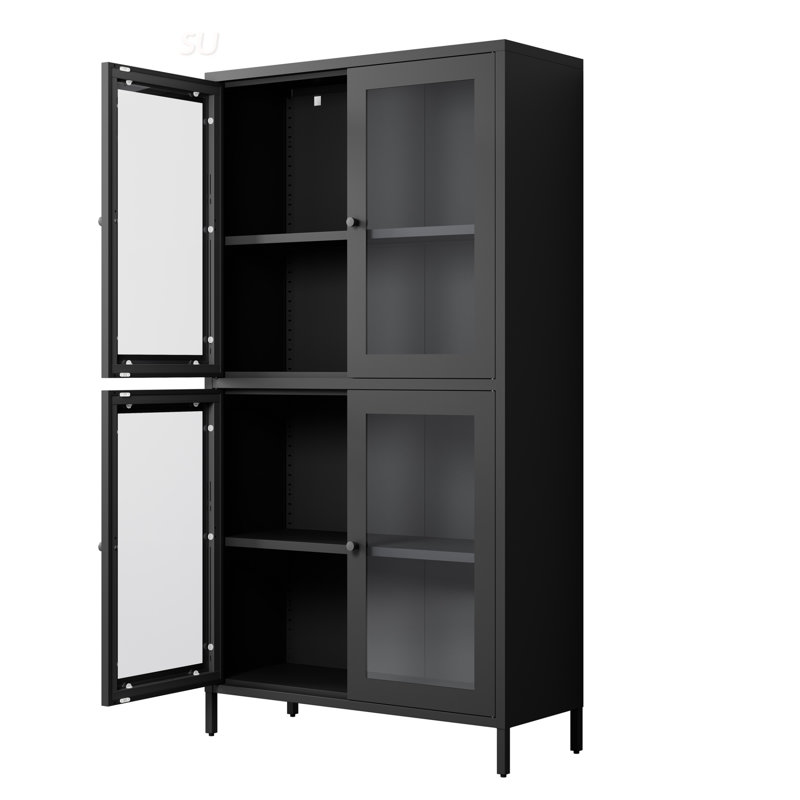 Armoire de rangement classique en métal avec 4 portes en verre et 4 tablettes, durable et polyvalente pour la maison et le bureau