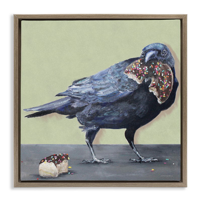 «Crow Eating Donut», art mural sur toile par Kamdon Kreations, Cadre flottant orme Montalcino, H 18 po x l 18 po x P 1,7 po