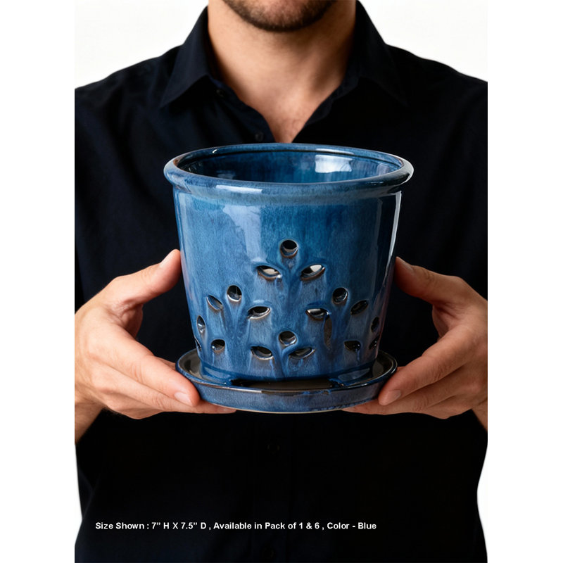  Jardinière en céramique Blue Leaf Breeze, pot de fleurs ventilé avec soucoupe fixe, pot de fleurs d'intérieur pour plantes d'intérieur, contenant décoratif pour la maison, le bureau, 7 po de diamètre et 7 po de hauteur, paquet de 6