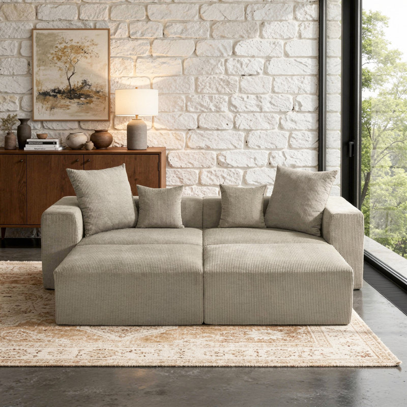 4-Piece Upholstered Brown Corduroy Modular Sectional Sofa with Movable Ottoman – Fully Compressed, No Assembly Required