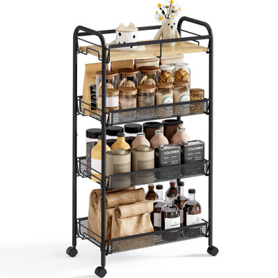 4-Tier Rolling Cart,Metal Utility Cart with Wooden Tabletop,Salon Trolley Cart,Storage Cart,Metal Cart,Printer Stand