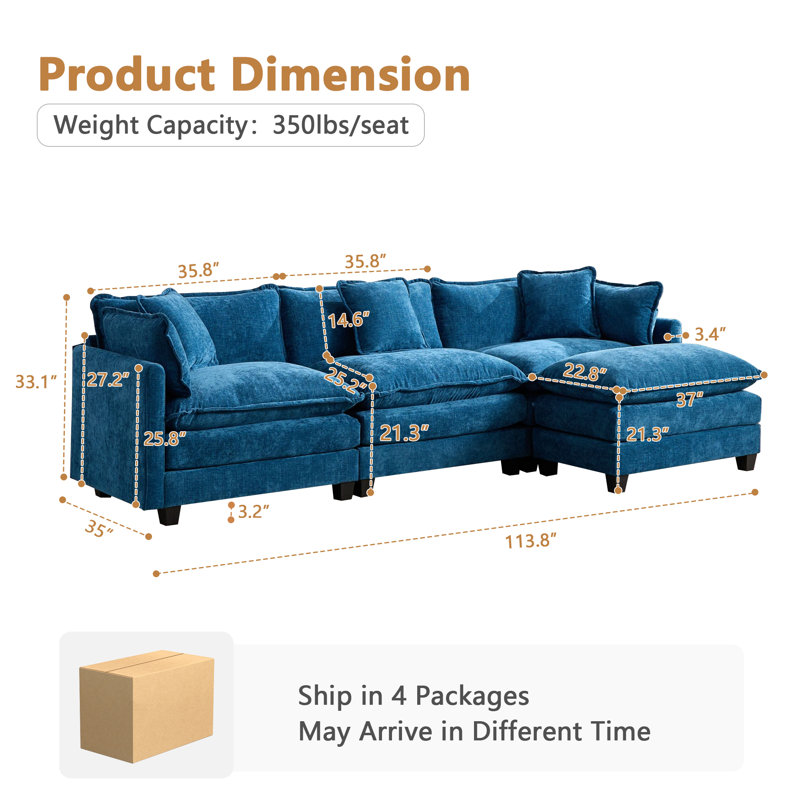 Canapé modulaire l 113,8 po pour salon avec repose-pieds mobile, Bleu