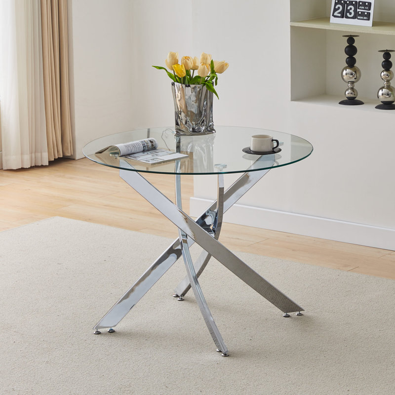 Bhevin Round Glass Top Metal Base Dining Table, Chrome
