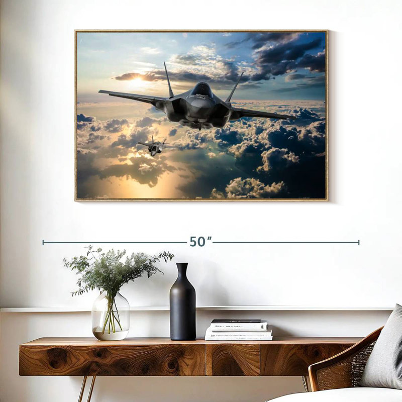 F35 Fighter Jet, Floating Frame Natural Wood, 40" X 27"
