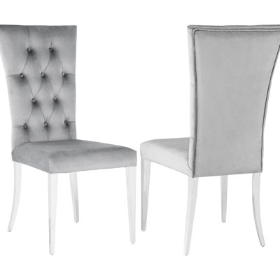 Set Of 2 Velvet Upholstered Side Chairs, Grey And Chrome