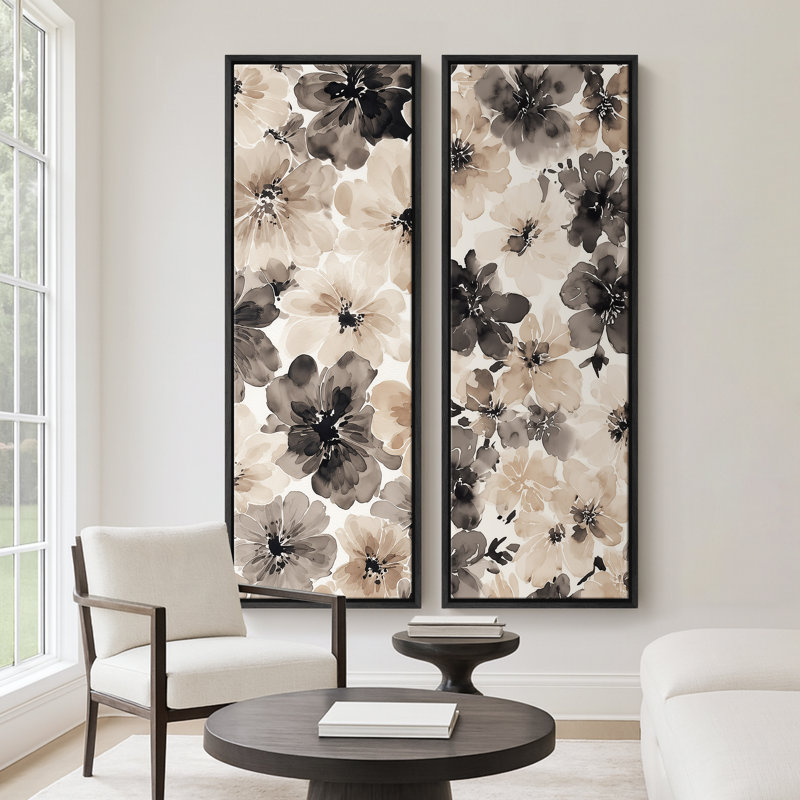 «Neutral Floral Art», ensemble de 2 reproductions d'art encadrées sur toile 60 po x 20 po x 2, 60 po x 30 po x 2, Black