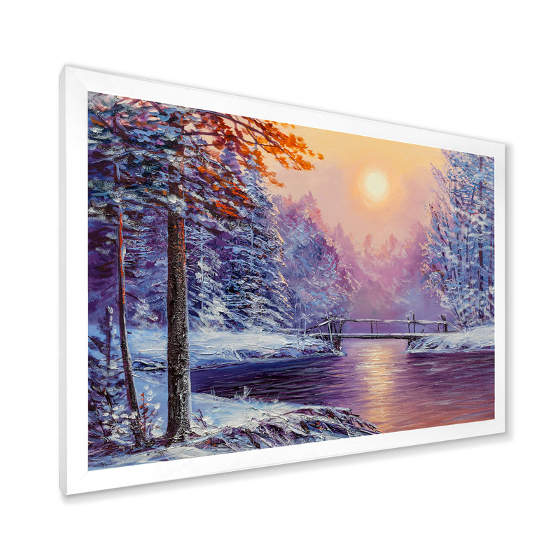 Coucher de soleil sur un pont de rivière d'hiver, art mural traditionnel sur toile, H 16 po x l 32 po x P 1 po