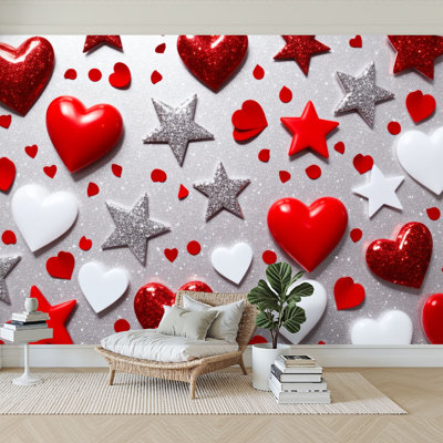 Peel and Stick Wallpaper 144" W x 100" H Modern Self Adhesive Wall Mural for Bedroom Red White Hearts Stars Glittery Accents Silver