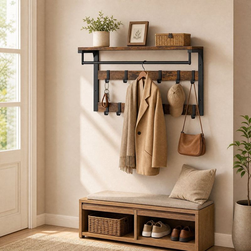 Meila Steel Wall 10 - Hook Wall Mounted Coat Rack, Rustic Brown/Black